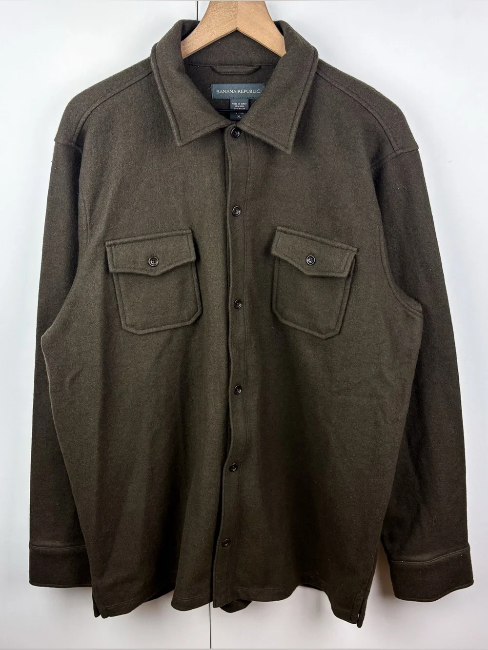 Banana Republic Vintage Wool Flannel Button Down Shirt Olive Green Brown Y2K